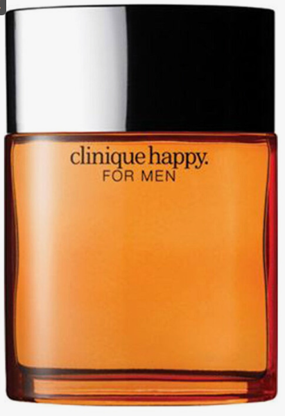 Clinique Happy For Men cologne bottle with amber-orange liquid, a black cap, and a silver metallic band at the top, shown on a white background.