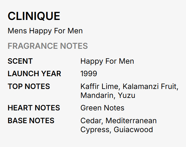 A text-based fragrance notes card for Clinique's 'Mens Happy For Men' perfume, detailing scent, launch year, top notes, heart notes, and base notes on a light gray background.
