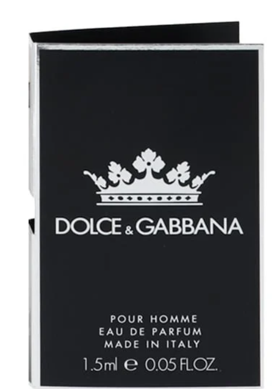 Vial Dolce & Gabbana King Perfume for Men 0.05 oz EDP matte black card with white crown illustration DOLCE & GABBANA POUR HOMME EAU DE PARFUM MADE IN ITALY 1.5ml 0.05 FLOZ UPC 8057971183104