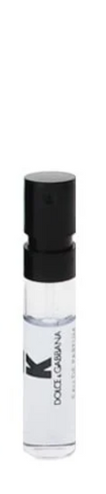 Vial Dolce & Gabbana King Perfume for Men 0.05 oz EDP single slim clear glass spray vial with black spray cap and K DOLCE & GABBANA white label on white background woody aromatic UPC 8057971183104