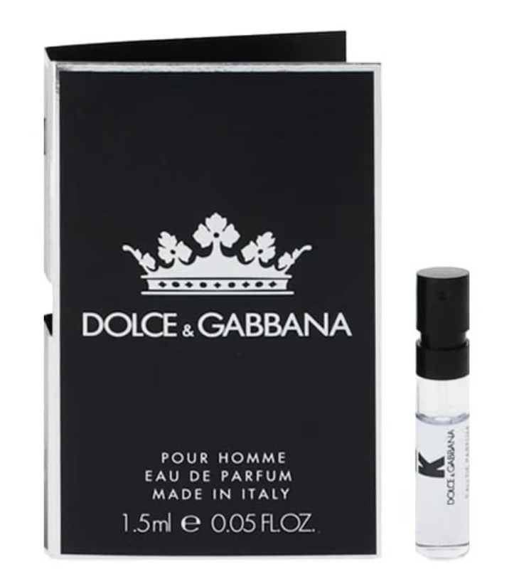 Vial Dolce & Gabbana King Perfume for Men 0.05 oz EDP clear glass spray vial with black spray cap and K label displayed