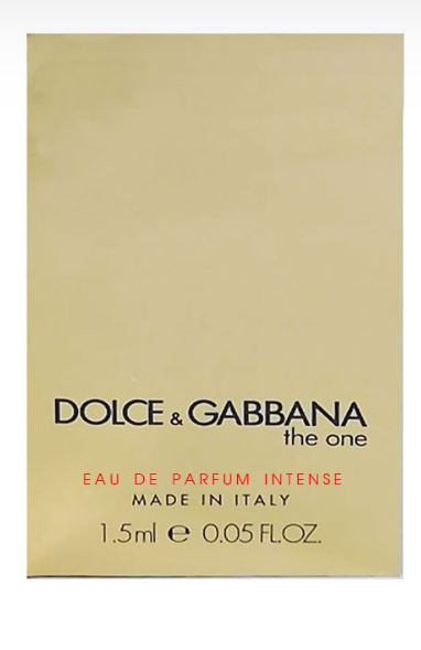 Dolce & Gabbana The One Eau de Parfum Intense gold champagne card Made in Italy 1.5ml 0.05 FL OZ with DOLCE & GABBANA the one black script and EAU DE PARFUM INTENSE red text UPC 8057971181650