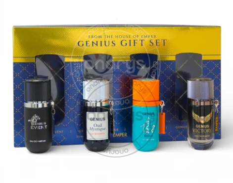 Emper Genius Gift Set containing four different cologne bottles in black, blue, teal, and dark brown glass, presented in front of their yellow and blue packaging box.