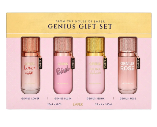 Emper Genius Gift Set containing four perfume bottles: Genius Lover, Genius Blush, Genius Selina, and Genius Rose, presented in a light pink and gold box.