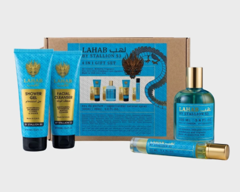 LAHAB by Stallion 51 4-in-1 gift set featuring a blue and gold shower gel tube, facial cleanser tube, perfume bottle, travel spray tube, and a brown cardboard gift box with a blue insert card.