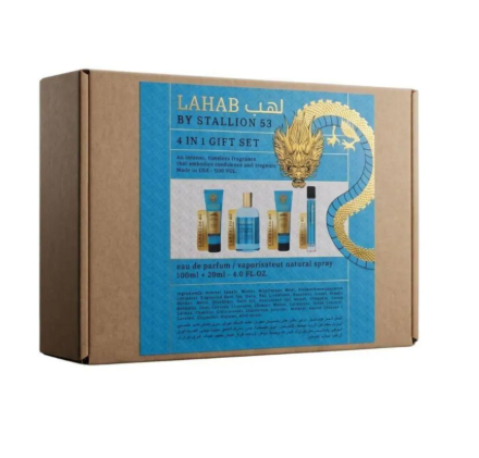A 4-in-1 gift set box by Lahab by Stallion 53, featuring a brown cardboard box with a blue and gold label showing the set contents.