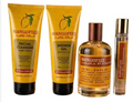 A four-piece skincare and fragrance set from Mangofizz by Stallion SS, including two yellow tubes of facial cleanser and shower gel, a clear bottle of toner with amber liquid and a brown cap, and a small clear spray bottle with a gold cap, all on a white background.