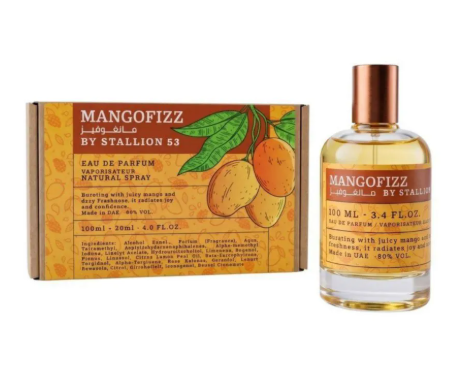 Mangofizz Eau de Parfum by Stallion 53, showing the clear glass spray bottle with a copper cap next to its orange and brown illustrated cardboard packaging box.