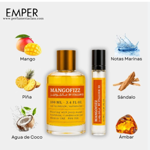 A perfume bottle and matching rollerball vial labeled MANGOFIZZ BY STALION II, shown on a light gray background with ingredient illustrations and text for Mango, Piña, Agua de Coco, Notas Marinas, Sándalo, and Ámbar. The brand name EMPER and perfumeiclass.
