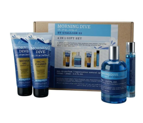 A 4-in-1 fragrance gift set by Stallion 53 named 'Morning Dive', featuring two blue shower gel tubes, one facial cleanser tube, a large blue perfume bottle, a smaller blue spray bottle, and a brown cardboard box with product packaging in the background.