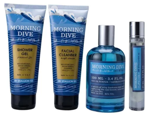 A men's fragrance set from By Stallion 53 called Morning Dive, featuring two blue and white shower gel tubes, a matching blue facial cleanser bottle, a blue 100 ml eau de parfum bottle, and a matching blue sample spray vial, all on a plain white background.
