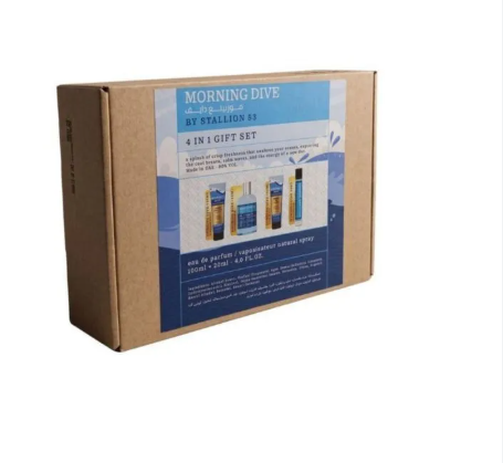 A brown cardboard gift set box labeled 'MORNING DIVE' by Stallion 85, shown at a three-quarter angle on a plain white background.