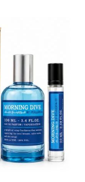A 100 mL bottle of Morning Dive cologne next to a matching 20 mL roll-on spray vial, both featuring blue labels and silver/black caps on a white background.