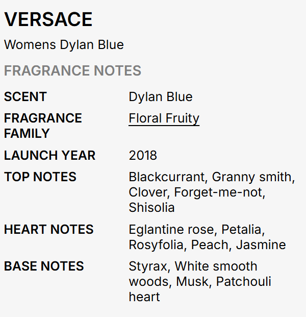 A text-based fragrance notes card for Versace Womens Dylan Blue, listing scent, fragrance family, launch year, and top/heart/base notes on a light gray background.