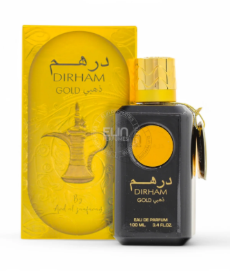 Dirham Gold Eau de Parfum bottle and its matching yellow packaging box, featuring a black bottle with gold lettering and a gold cap, alongside a bright yellow box with Arabic and English text.