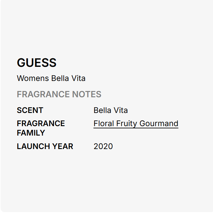 A text-based fragrance note card for Guess Women's Bella Vita, showing scent, fragrance family, and launch year on a light gray background.