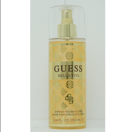 GUESS Bella Vita Summer Fragrance Mist in a 250 mL clear bottle with a gold pump and a yellow patterned label, shown against a light gray background.