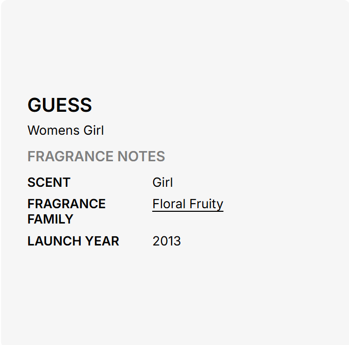 A minimalist graphic card displaying fragrance notes for the Guess 'Womens Girl' scent. The card features black and gray text on a solid light gray background, detailing the scent as 'Girl' and the fragrance family as 'Floral Fruity', with the brand 'GUESS' clearly visible at the top left.
