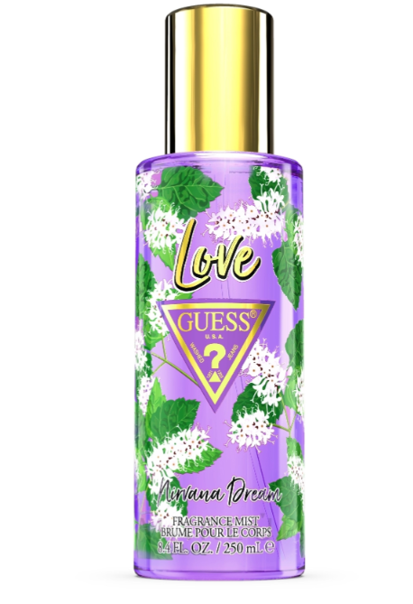 Guess Love Mariana Dream Fragrance Mist in a 250 mL bottle. The bottle is purple with a gold cap, decorated with white flowers and green leaves, and features the Guess logo.