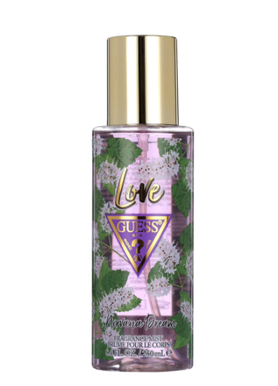 Guess Love Persimmon Dream body spray bottle with a gold cap, featuring a purple and green floral design with the Guess logo.