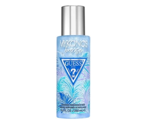 Guess Mykonos Bridge Summer Fragrance Mist in a 260 mL bottle with a silver cap, featuring blue and purple tropical palm leaf graphics on a white background.