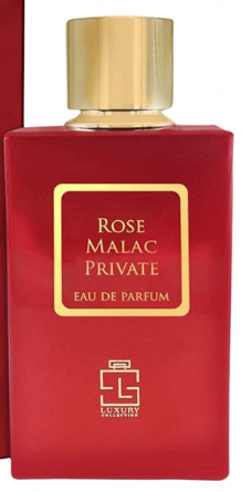 A red rectangular perfume bottle with a gold cap and a gold-bordered front label reading 'Rose Malac Private Eau de Parfum'. The bottle is shown against a red background with a white vertical stripe on the right side.