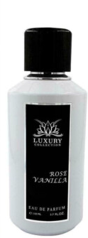 Luxury Collection Rose Vanilla Eau de Parfum in a white bottle with a black cap and black label.
