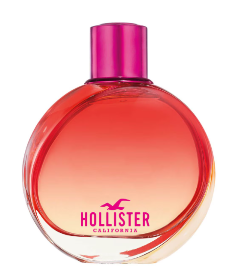 Hollister California Eau de Toilette bottle with a vibrant red-to-pink gradient glass body and a metallic pink cap, shown on a solid white background.