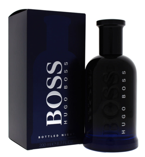 Hugo Boss Bottled Night cologne bottle and its dark navy blue packaging box, featuring the brand name in large white letters.