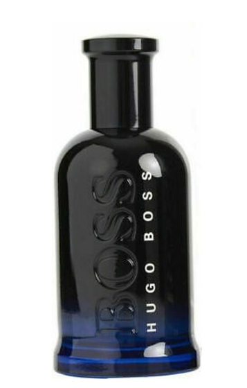 Hugo Boss Boss cologne bottle in a glossy black glass with a blue gradient at the base, featuring embossed 'BOSS' lettering and vertical 'HUGO BOSS' branding on a white background.