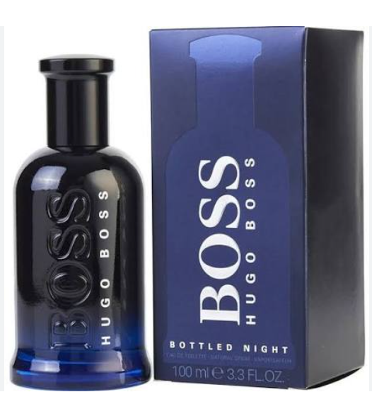 Hugo Boss Bottled Night Eau de Toilette perfume bottle in a dark blue gradient glass with a black cap, shown next to its blue and black packaging box.