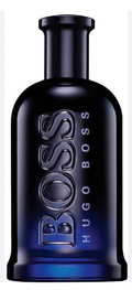 Hugo Boss BOSS bottle in a dark navy blue glass with embossed silver lettering, shown against a plain white background.