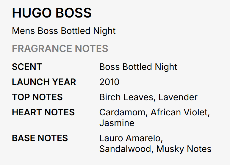 A text-based fragrance notes card for Hugo Boss Men's Boss Bottled Night, with black text on a light gray background detailing scent, launch year, top notes, heart notes, and base notes.
