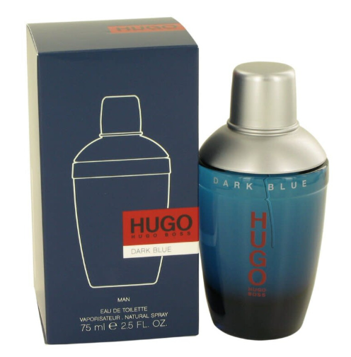 Hugo Hugo Boss Dark Blue Eau de Toilette bottle and its retail box, featuring a blue-to-black gradient design with a metallic silver cap and a red brand label.