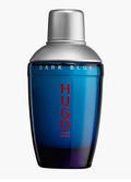 Hugo Dark Blue fragrance bottle with a metallic silver cap and a blue-to-purple gradient glass body, featuring red vertical HUGO branding.