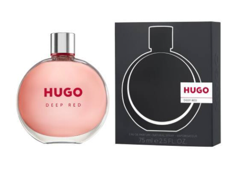 Hugo Deep Red perfume bottle with a pink liquid and silver cap, shown next to its black packaging box with a white outline of the bottle.