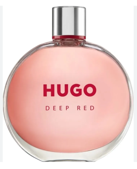 Hugo Deep Red perfume bottle with a round, translucent pink body and a metallic silver cap, shown against a plain white background.