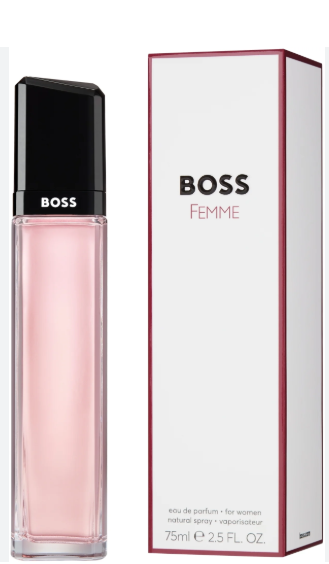 BOSS Femme Eau de Parfum 75ml bottle with its white and red packaging box, shown on a plain white background.