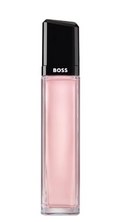 BOSS Clear liquid lipstick in a clear rectangular bottle showing a soft pink liquid inside, topped with a black cap featuring the white BOSS logo, on a white background.
