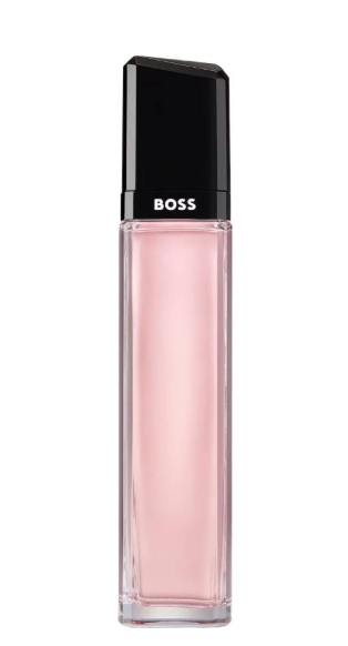 BOSS Clear liquid lipstick in a clear rectangular bottle showing a soft pink liquid inside, topped with a black cap featuring the white BOSS logo, on a white background.