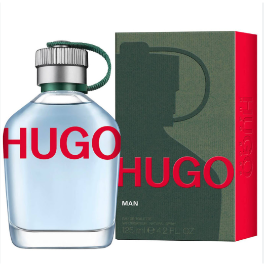 Hugo Man Eau de Toilette spray bottle next to its green and red packaging box, featuring the prominent red HUGO logo on the bottle and box.