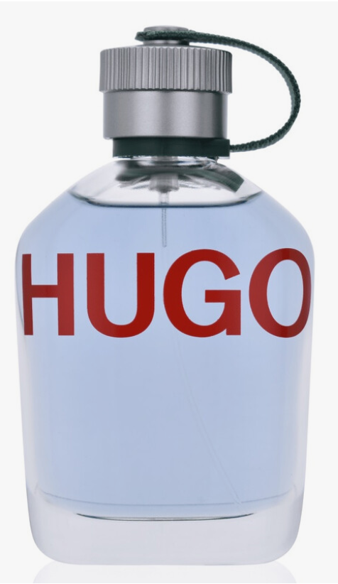 Hugo perfume bottle with a clear glass body, light blue liquid, a silver metal cap, and a dark green hanging loop, featuring the brand name 'HUGO' in bold red letters on the front.