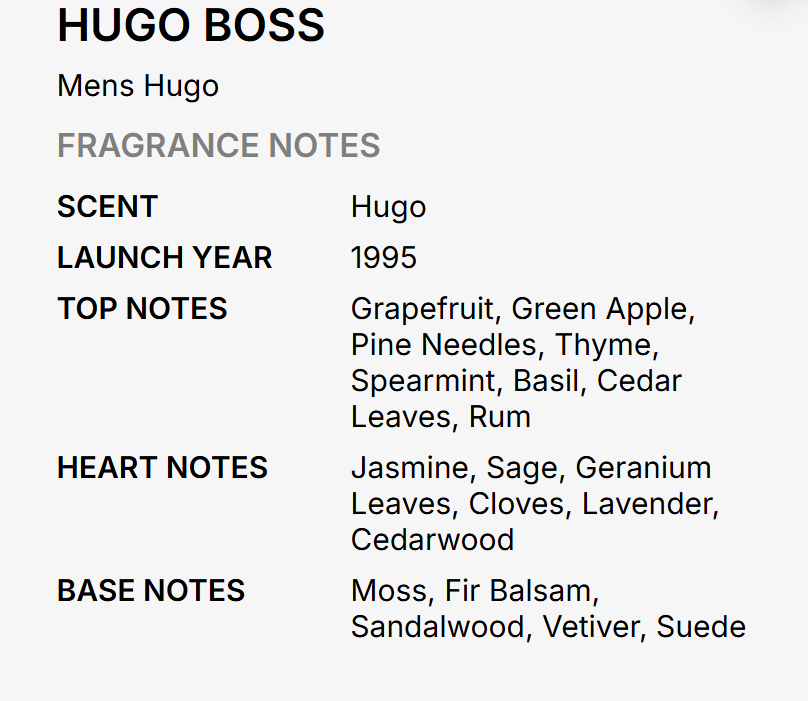 A text-based fragrance notes card for Hugo Boss Mens Hugo, showing scent name, launch year, and top, heart, and base notes in black and gray text on a light gray background.