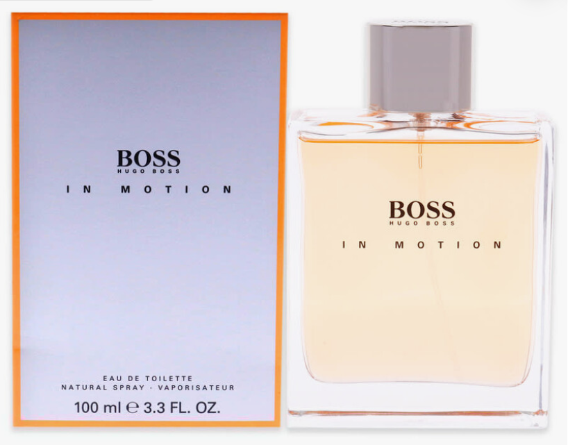 Hugo Boss In Motion Eau de Toilette bottle and its packaging box, featuring a pale peach liquid in a clear glass bottle next to a lavender box with an orange border.