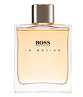 Hugo Boss In Motion Eau de Toilette bottle with a clear glass body, light amber liquid, and a metallic silver cap on a white background.