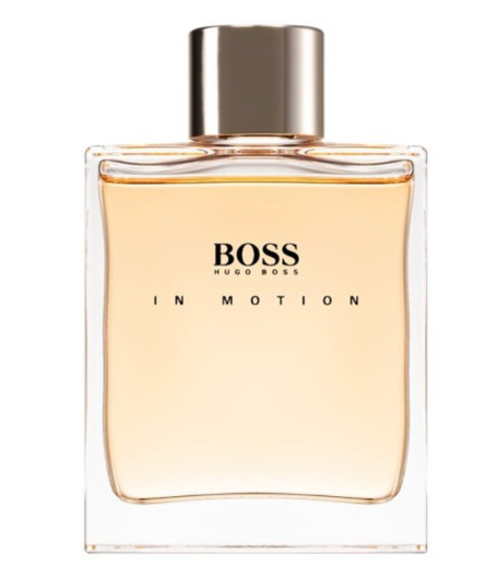 Hugo Boss In Motion Eau de Toilette bottle with a clear glass body, light amber liquid, and a metallic silver cap on a white background.