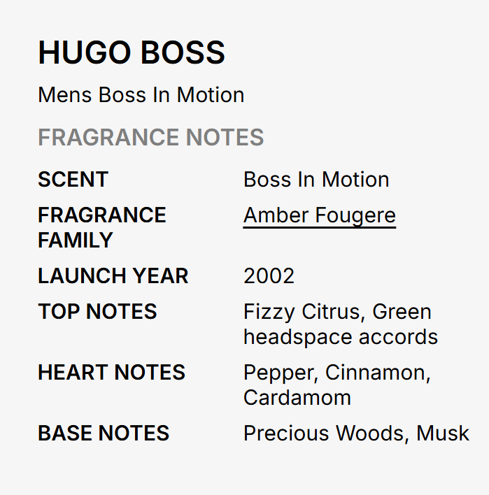 A text-based fragrance notes card for Hugo Boss Mens Boss In Motion, with black text on a light gray background. It lists the scent as Boss In Motion, fragrance family as Amber Fougere, launch year as 2002, and top/heart/base notes in detail.