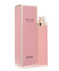 A pink BOSS Ma Vie Pour Femme perfume spray bottle next to its matching pink packaging box, featuring gold trim and lettering on a white background.