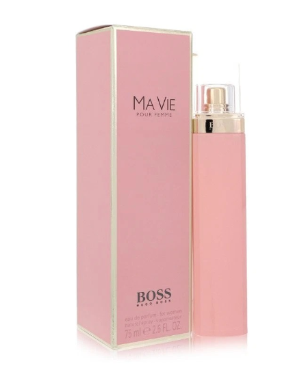 A pink BOSS Ma Vie Pour Femme perfume spray bottle next to its matching pink packaging box, featuring gold trim and lettering on a white background.