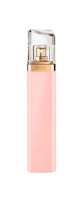 A slim rectangular pink perfume bottle with a clear cap and gold lettering that reads BOSS, set against a plain white background.